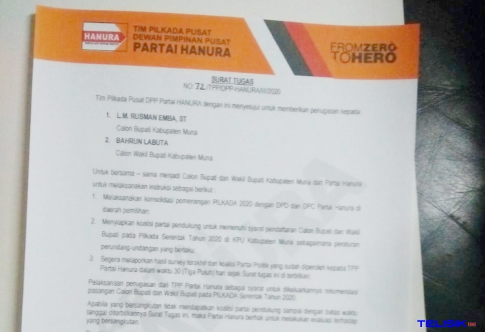 Hanura Berikan Surat Tugas ke Rusman-Bahrun Labuta