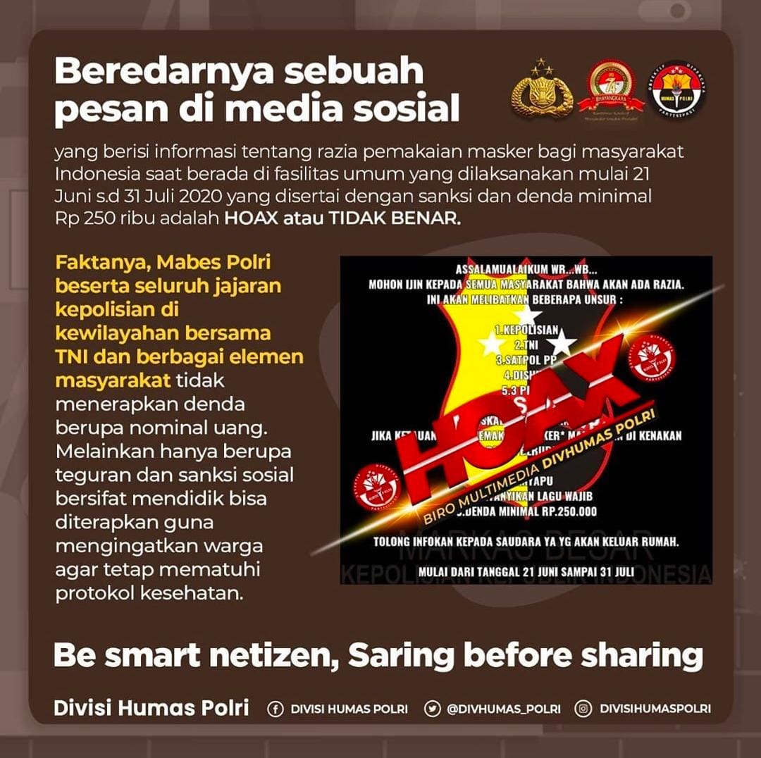 Hoax, Polisi Denda Warga tak Pakai Masker