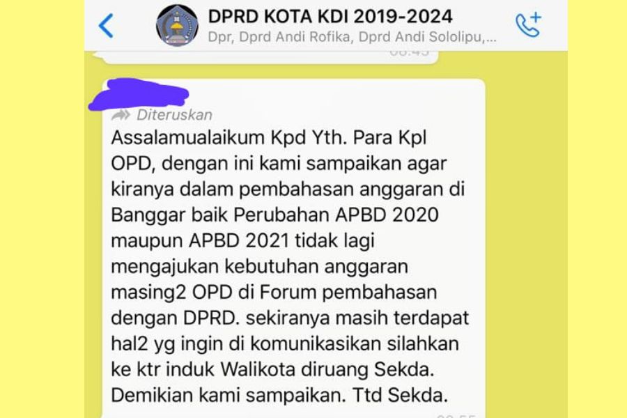 Pesan WhatsApp Sekda Kendari Larang Kepala OPD Ajukan Anggaran ke Dewan Bocor