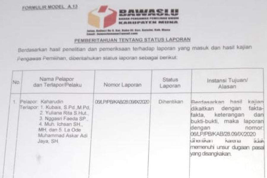 Bawaslu Hentikan Proses Aduan Penetapan Rusman sebagai Cabup