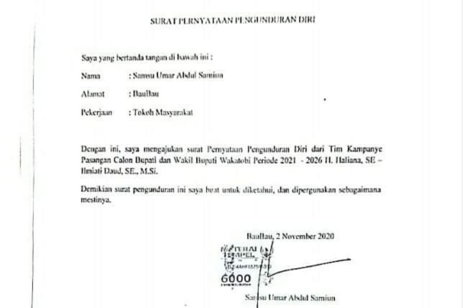 Heboh, Beredar Surat Pengunduran Umar Samiun dari Tim Kampanye Paslon HATI