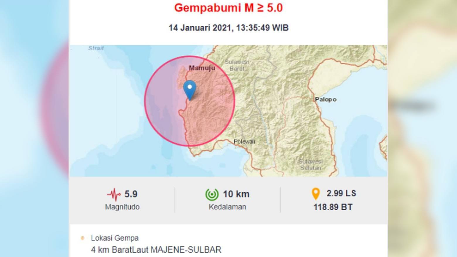 Gempa Bumi Guncang Kabupaten Majene, Getaran Terasa hingga Kota Makassar