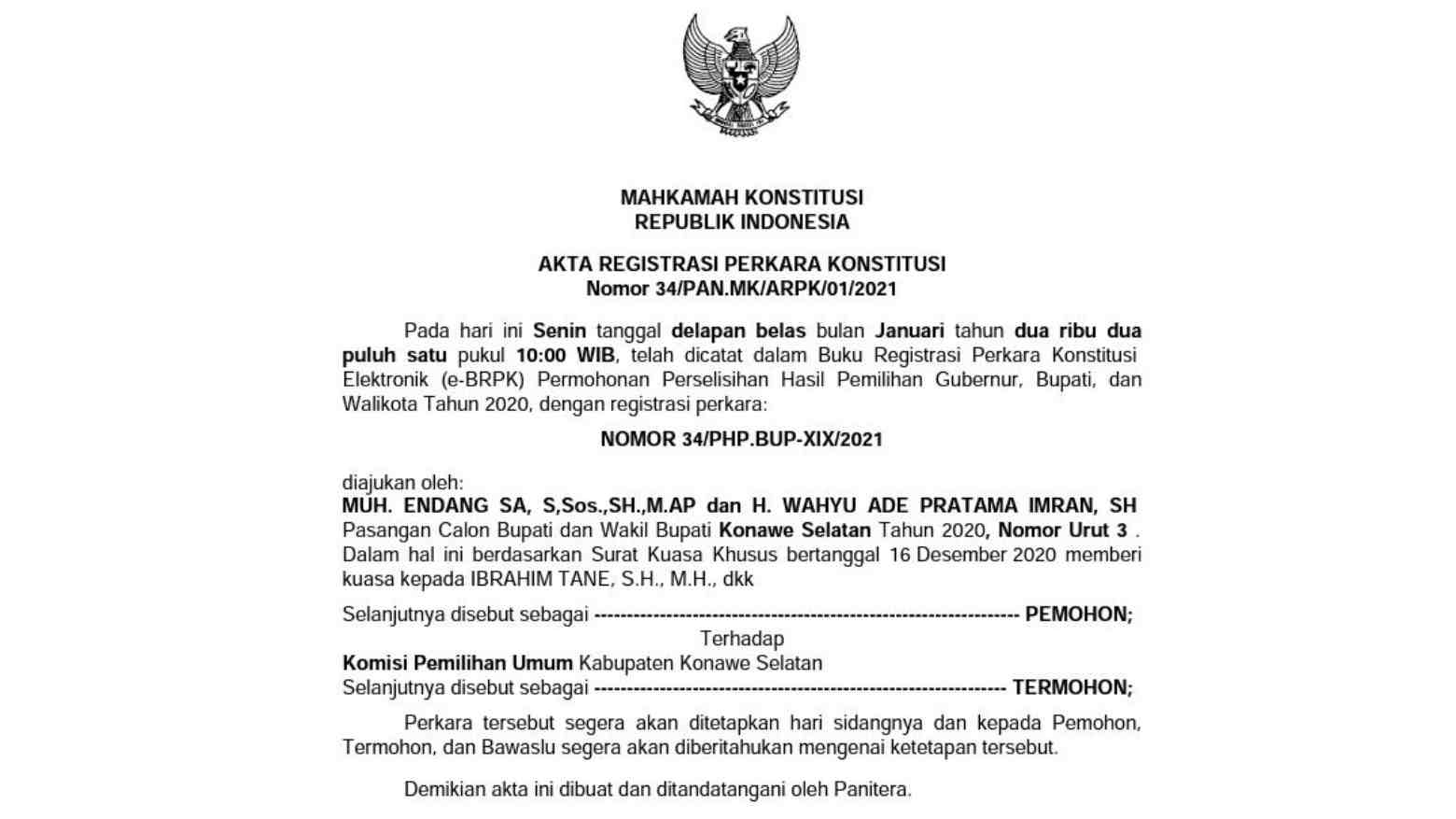 Gugatan Teregistari di MK, Endang Ungkap Sederet Persoalan Pilkada Konsel