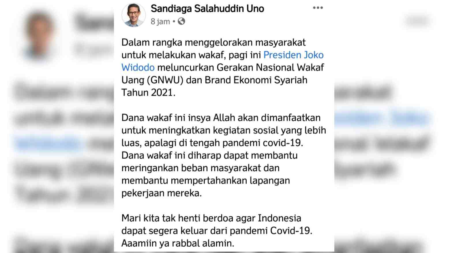 Postingan Sandiaga Uno Soal Gerakan Wakaf Uang Tuai Kritikan, Warganet Tidak Lagi Percaya Pemerintah