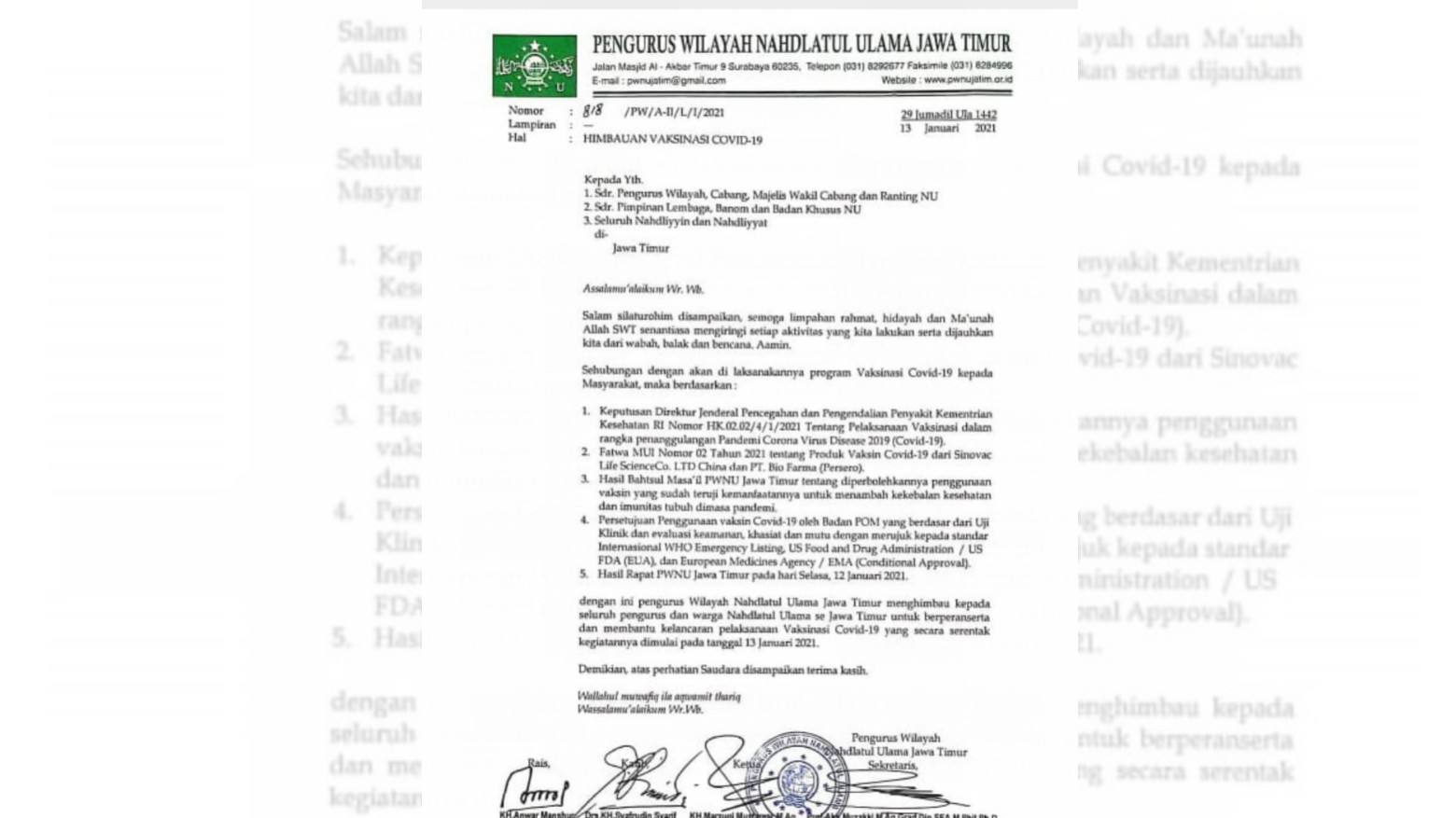 PW NU Jatim Minta Nahdliyin Ikut Suntik Vaksin Sinovac