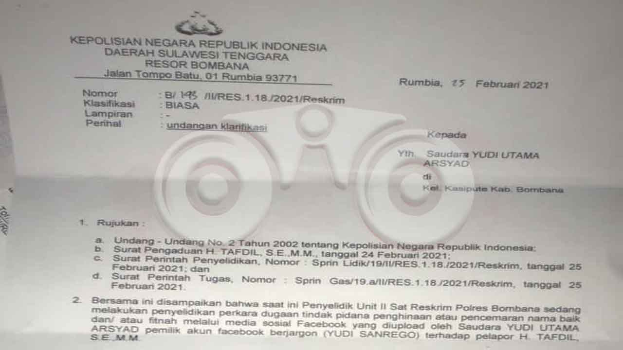 Bupati Bombana Adukan Postingan Akun Facebook ke Polisi