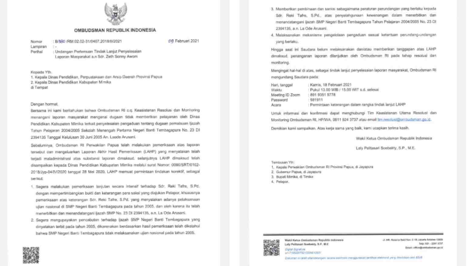 Soal Ijazah Bupati Arusani, Ombudsman RI Layangkan Surat ke Dinas Pendidikan Mimika dan Papua