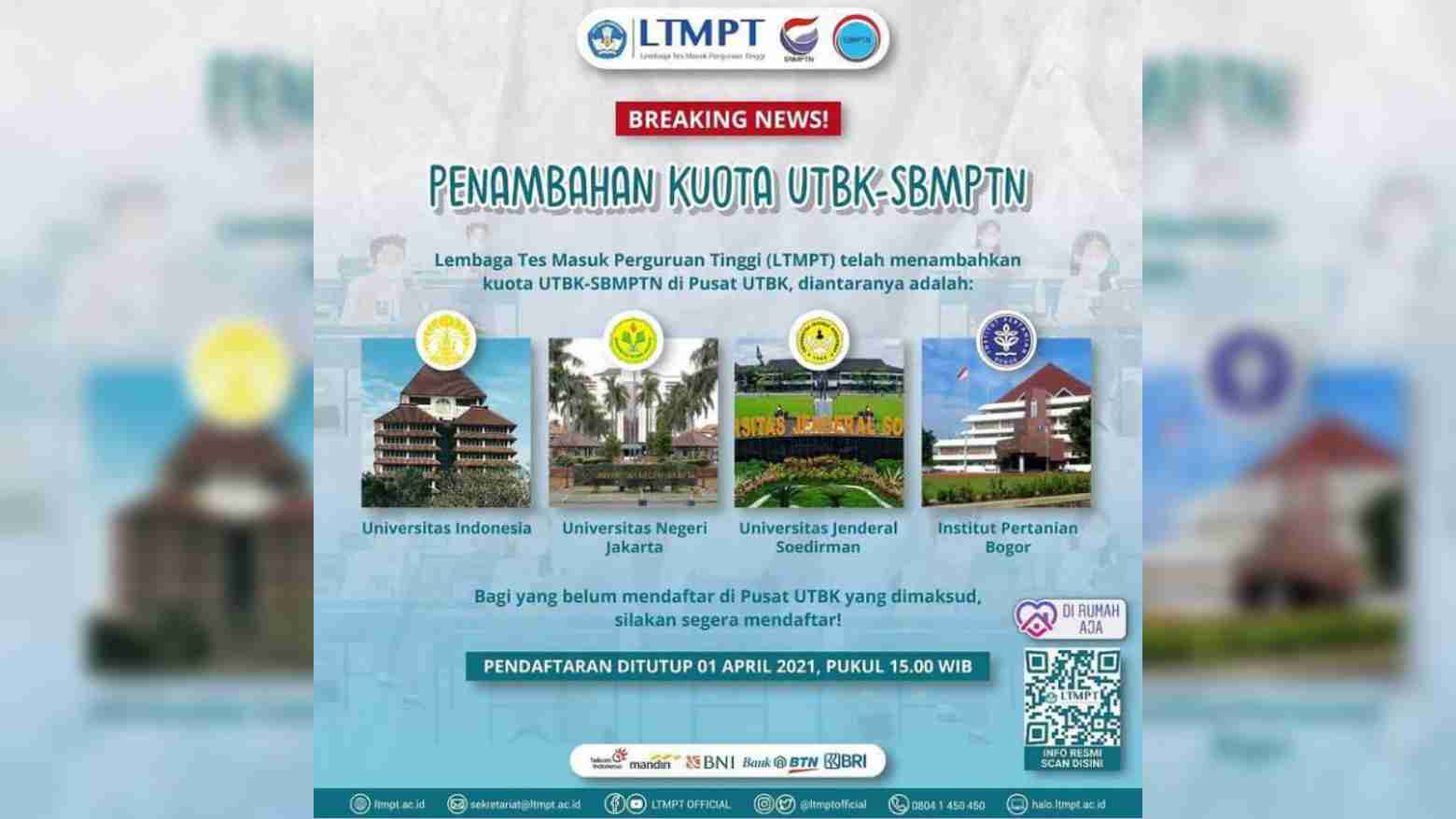 4 PTN Dapat Penambahan Kuota UTBK-SBMPTN 2021