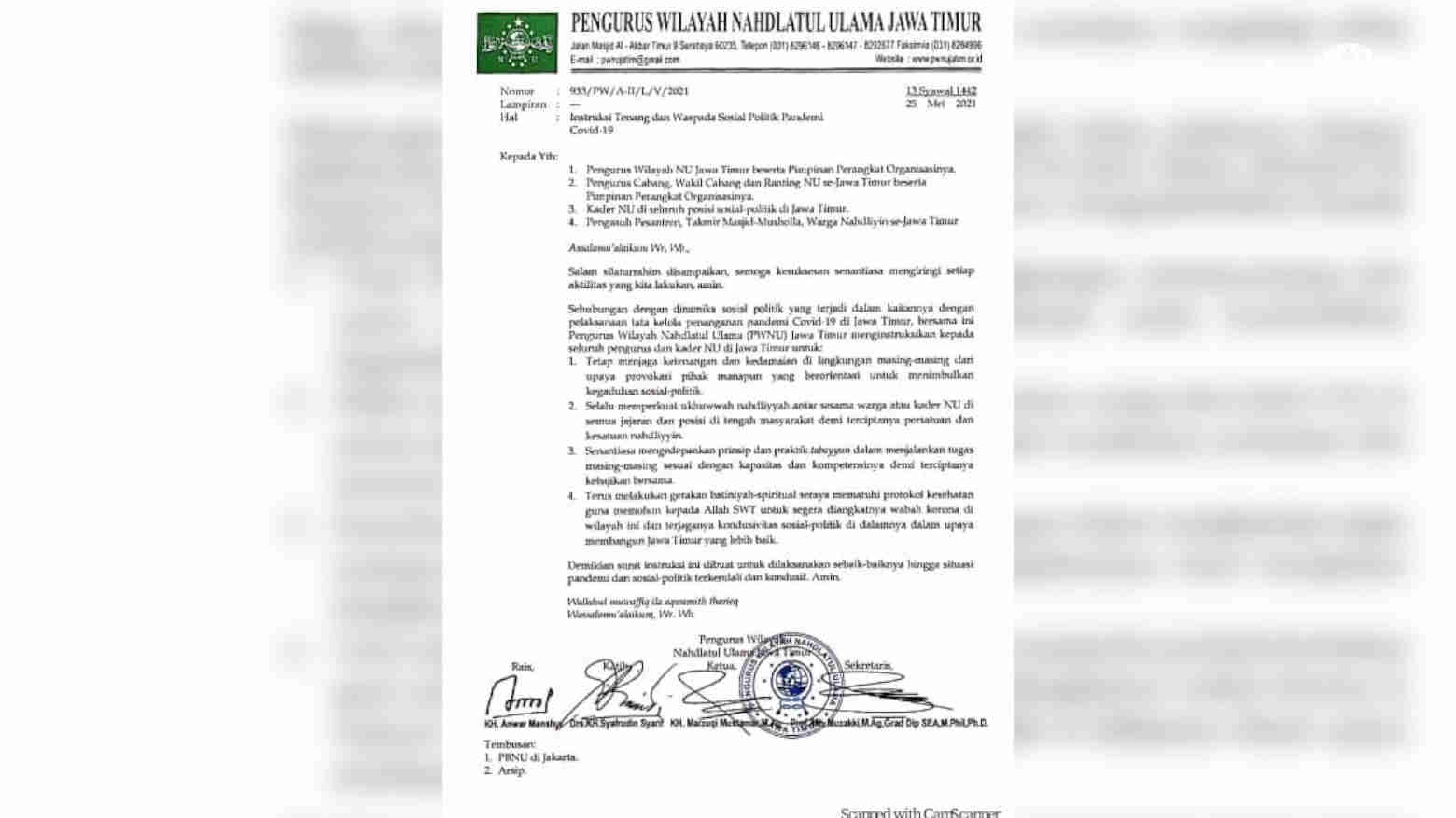 PW NU Jatim Instruksikan Warga Nahdliyin Waspada Konflik Sosial Politik Pandemi