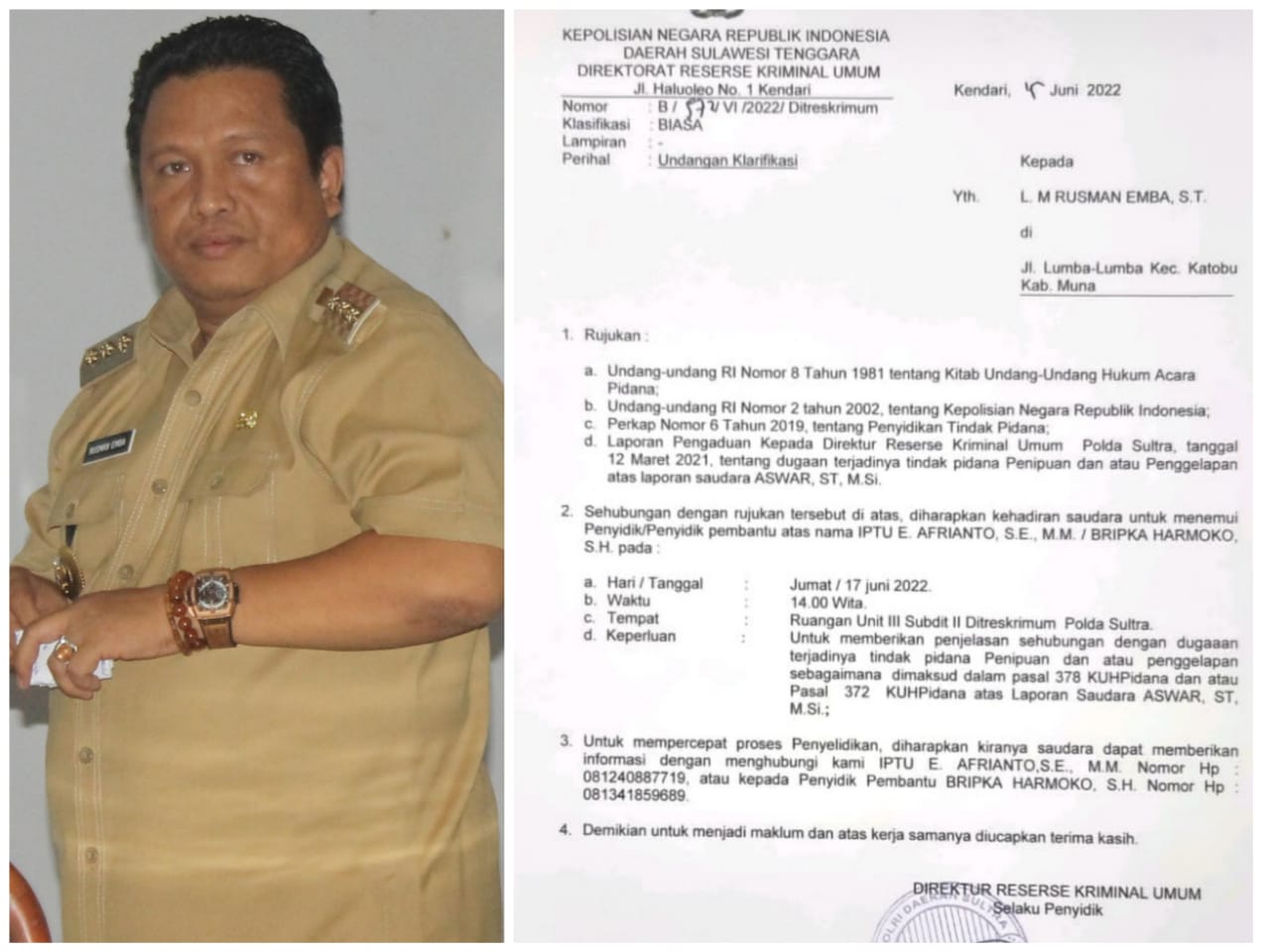 Bupati Muna Rusman Emba Dilaporkan ke Polda atas Dugaan Penipuan