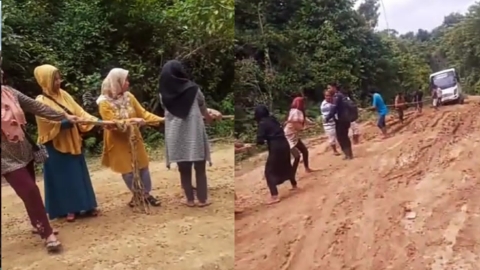 Emak-emak Tarik Bus Damri Pakai Tali di Tanjakan Jalan Rusak Ronta-Maligano