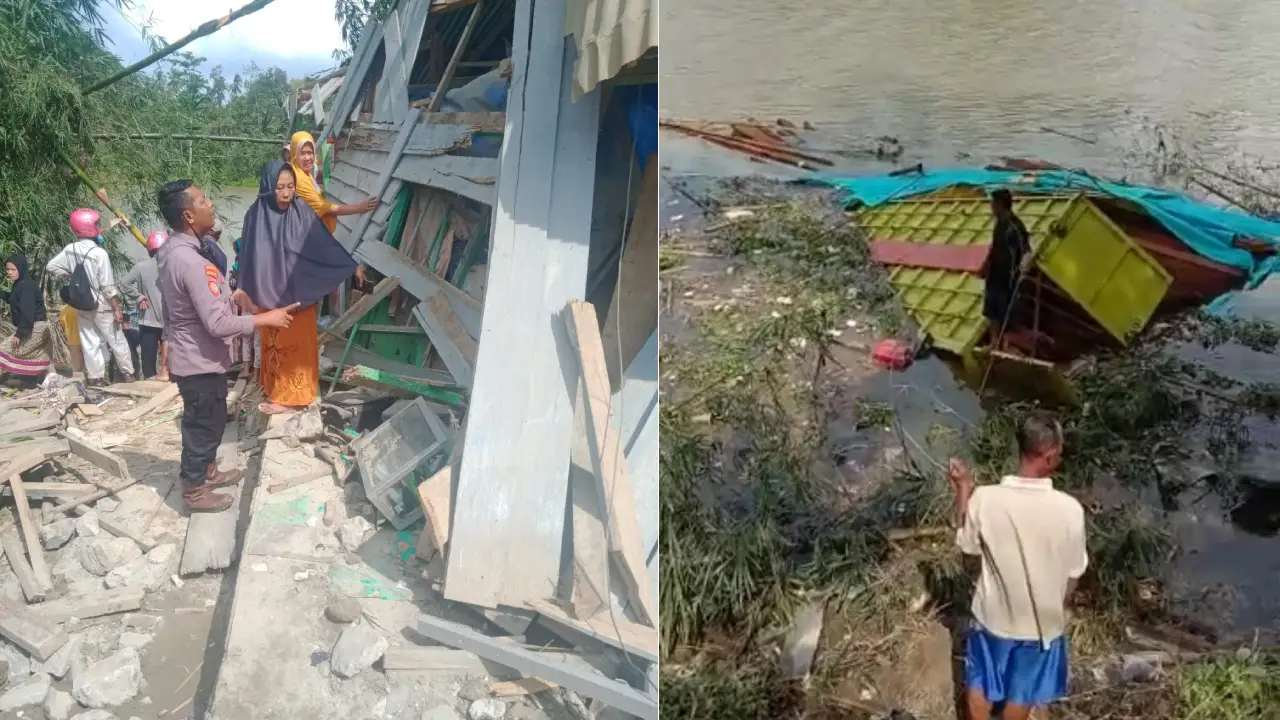 Diduga Rem Blong Truk Bermuatan Kayu Tabrak Kios Lalu Terjun ke Sungai Konaweha Konawe