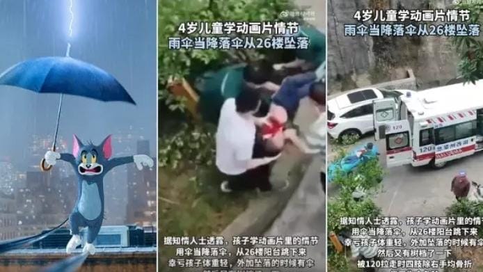 Detik-detik Bocah 4 Tahun Lompat dari Lantai 26 Pakai Payung, Tiru Adegan Kartun Tom And Jerry