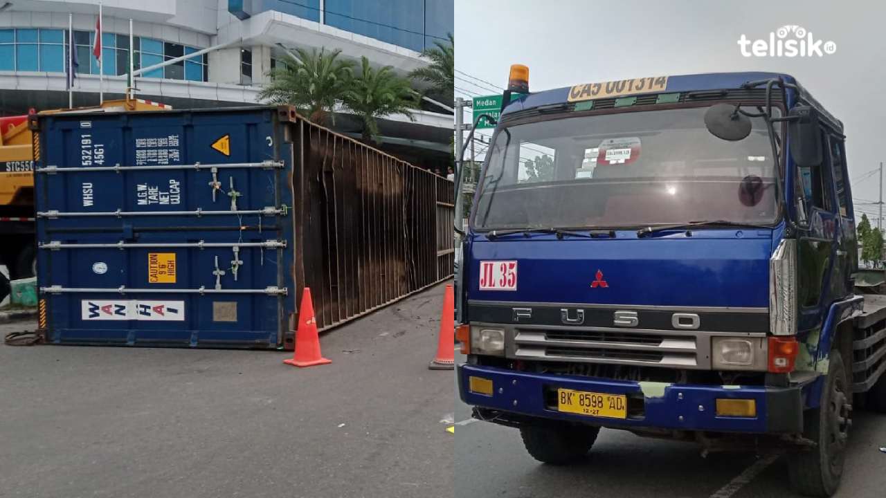 Container Lepas dari Truk di Tengah Jalan Kota Medan