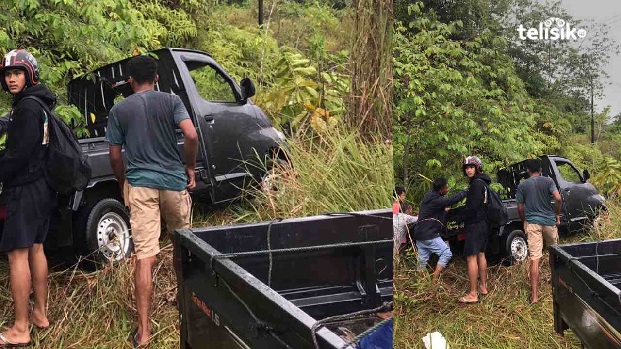 Mobil Pickup Tergelicir di Bahu Jalan Tikungan Wolasi Konawe Selatan