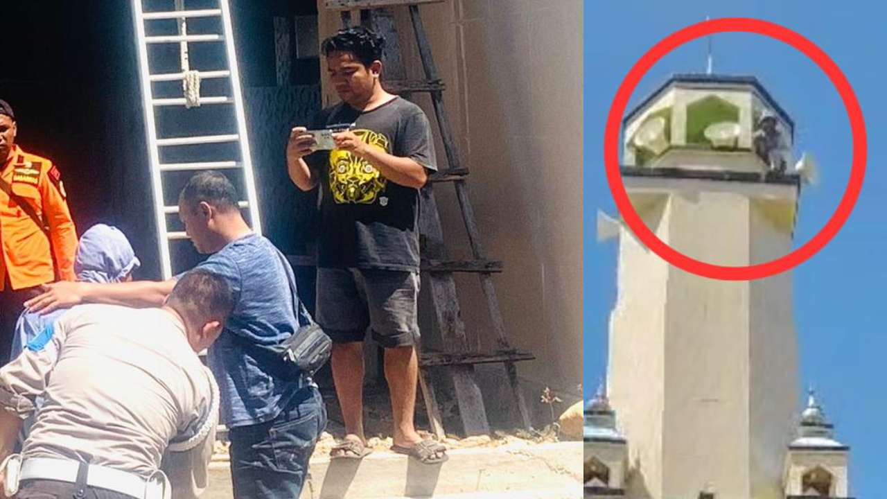 Seorang Pria Misterius Panjat Menara Masjid di Kota Baubau, Diduga Hendak Bunuh Diri