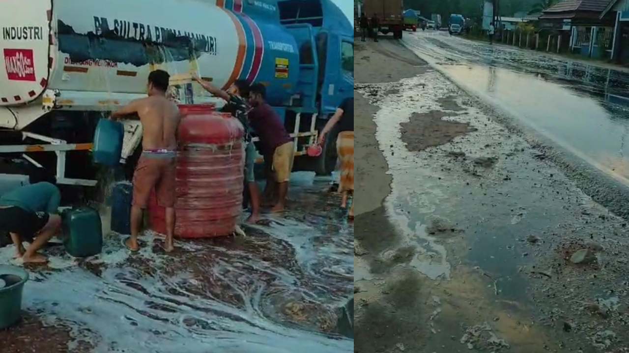 Truk Tangki BBM Bocor di Konawe, Warga Tadah Tumpahan Solar 