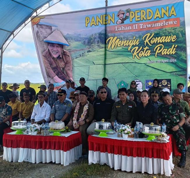 Pj Bupati Konawe Panen Perdana Padi di Desa Tawamelewe