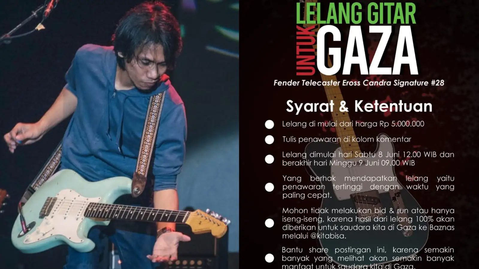 Gitar Fender Telecaster Eross Candra Dilelang Lima Juta Rupiah untuk Palestina, Laku Ratusan Juta
