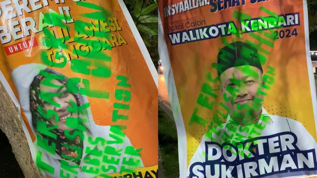 Dianggap Merusak Lingkungan Baliho Cagub dan Cawali di Kendari Ditulisi Status Tersangka