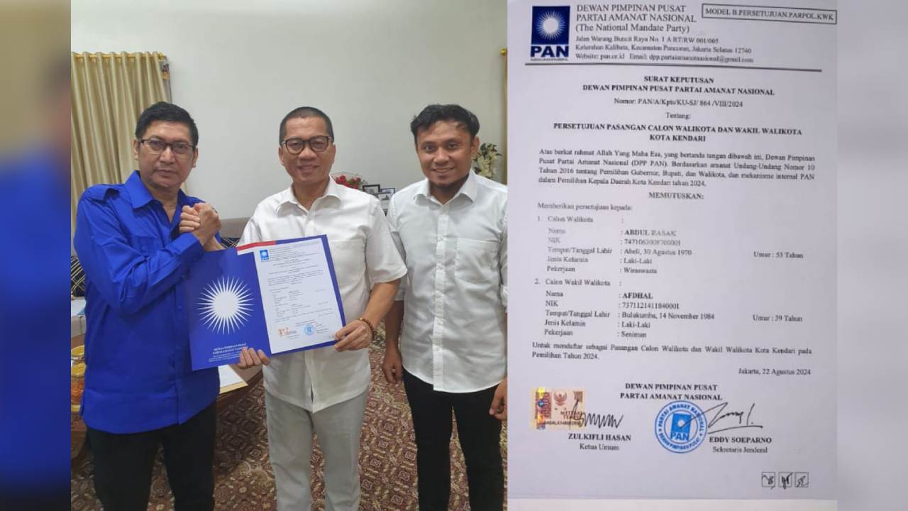 Pasangan Abdul Rasak-Afdal Terima B1-KWK PAN, Pilwali Kendari Bakal Diikuti 5 Pasang Calon