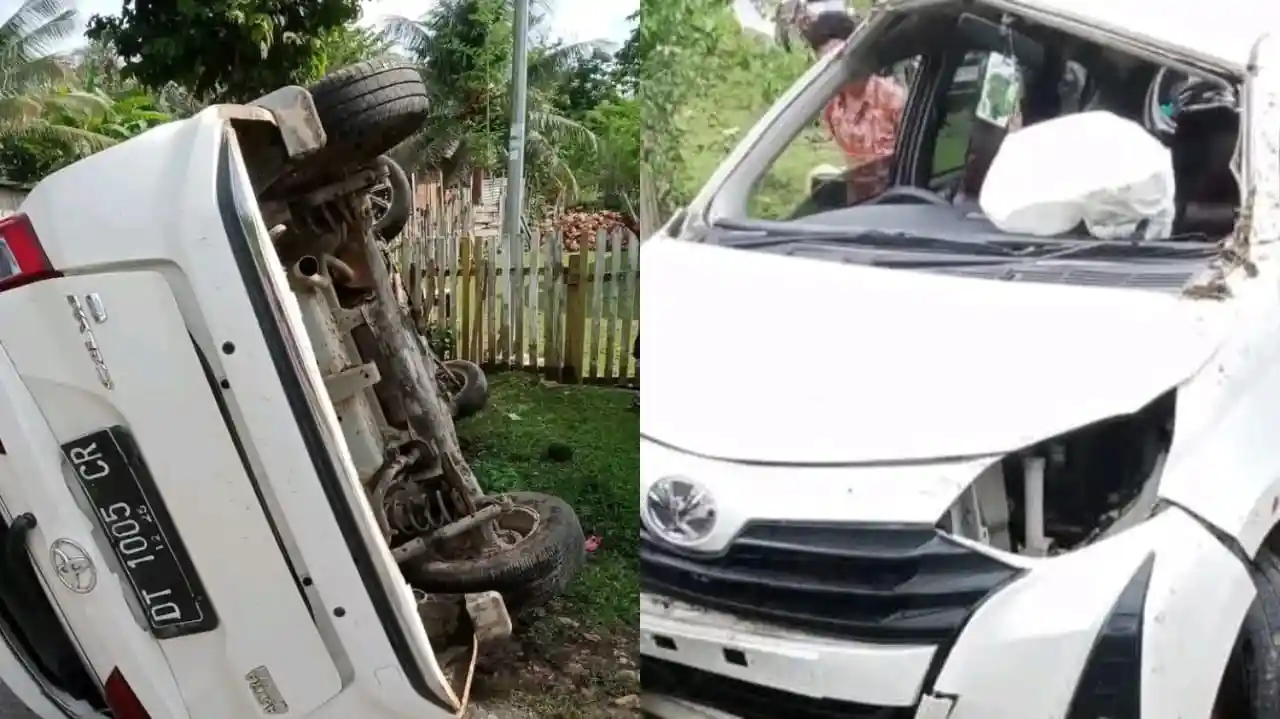 Hendak Melambung Truk Fuso, Minibus Calya Terguling di Desa Matarawa Muna